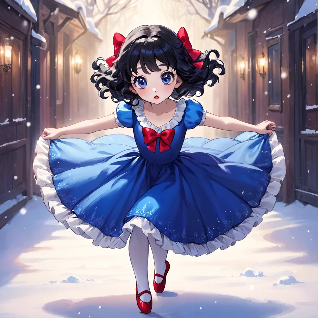 beautiful face, large eyes, Red lips, 1 girl, snow White, long curly black hair red bow in hair two bows, red and blue dress, wearing ballet slippers, expression of innocence, close up, dance hall scenery