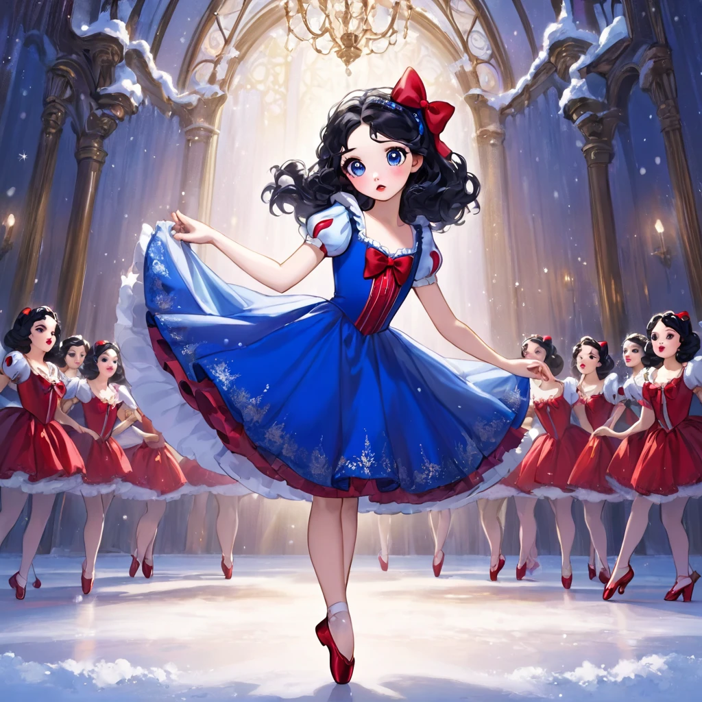 beautiful face, large eyes, Red lips, 1 girl, snow White, long curly black hair red bow in hair two bows, red and blue dress, wearing ballet slippers, expression of innocence, close up, dance hall scenery