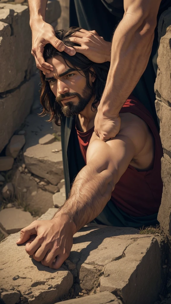 Jesus rescues man from the sin of the world by stretching out his hand to save him