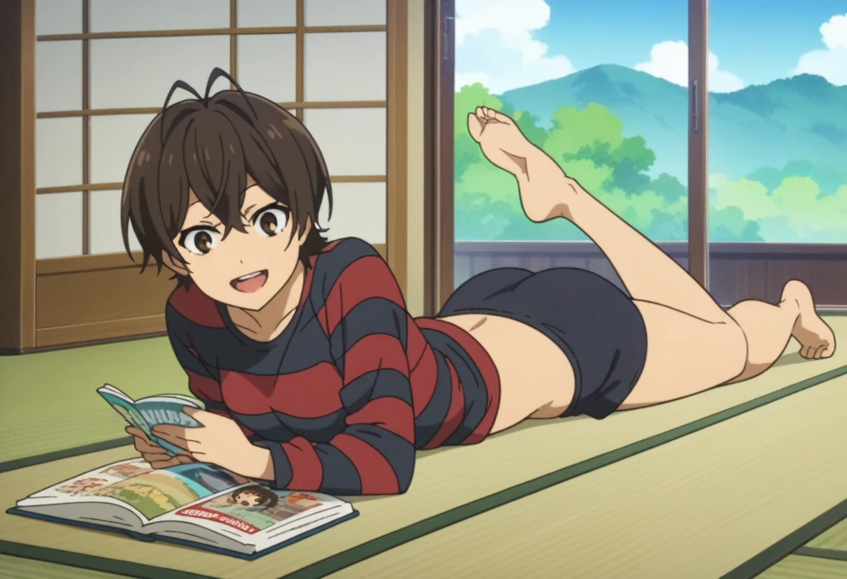 score_8_up, score_7_up, score_6_up, source anime, anime screencap, miwa, striped shirt, bottomless,ass, one leg up, tatami mat, indoors, living room, looking at viewer, smile, open mouth, lying on stomach, reading magazine, butt,