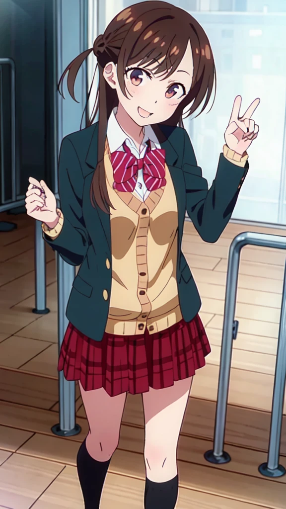 masterpiece,High resolution,high quality,Very detailed,alone,
View your viewers,smile,Open your mouth,
ChizuruMizuhara,One girl,
Half Up,
,blazer,Open clothes,Collared shirt,Striped bow tie,Sweater vest,
Checkered pleated mini skirt,
Black socks,
Are standing,
school bag,
Holding,Raise your hand,Tilt your head,