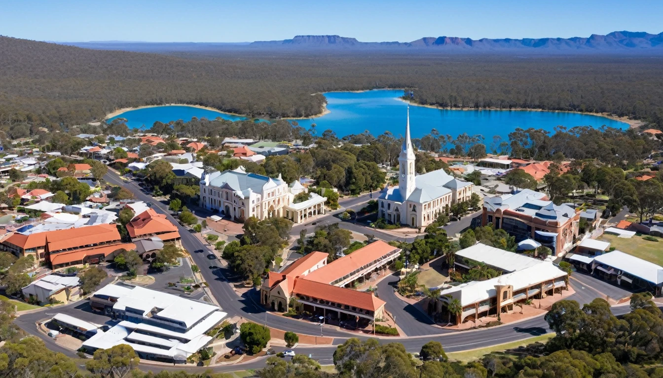 Downtown Copper Springs
View of the City Center
- Description: A panoramic view of Downtown Copper Springs, showing City Hall, the cathedral and Roman’s Lake in the background. The area is full of hotels and casinos, highlighting its central role in the city.
- Location: Sandover, Australia.