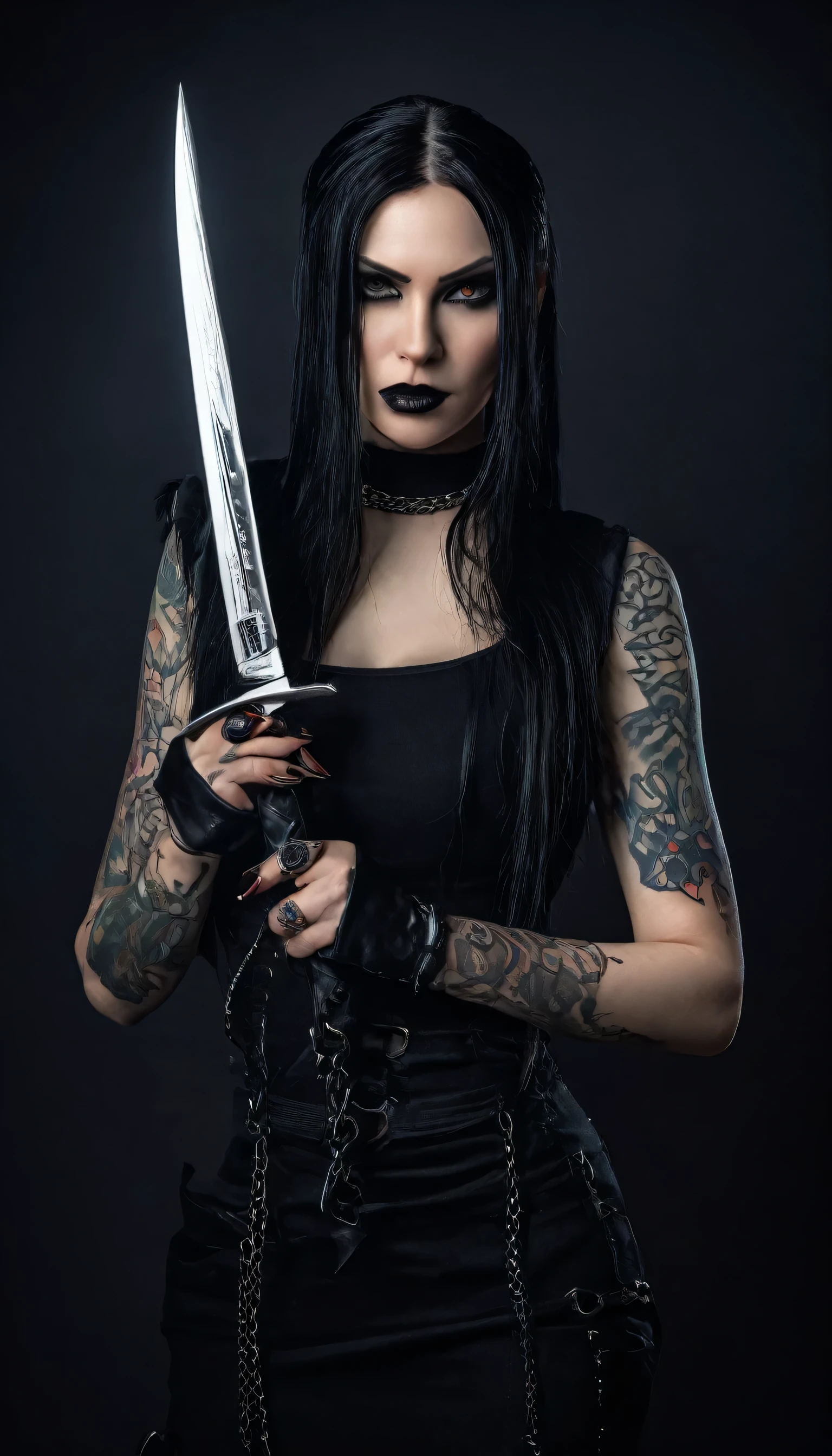 A seductive woman with a knife and a tattoo on her arm, cyberpunk dark fantasy, gothcore, gothic - cyberpunk, iron horrors, villainess, gothic horror vibes, androgynous vampire, female vampire warrior, gothic art, lilith, female vampire, dominatrix, goth aesthetics, vampire girl, badass pose, gothic fantasy art, (best quality,4k,8k,highres,masterpiece:1.2),ultra-detailed,(realistic,photorealistic,photo-realistic:1.37),highly detailed face, piercing eyes, full lips, sharp facial features, pale skin, black hair, black outfit, leather, chains, glowing eyes, dramatic lighting, moody atmosphere, rich colors, cinematic composition