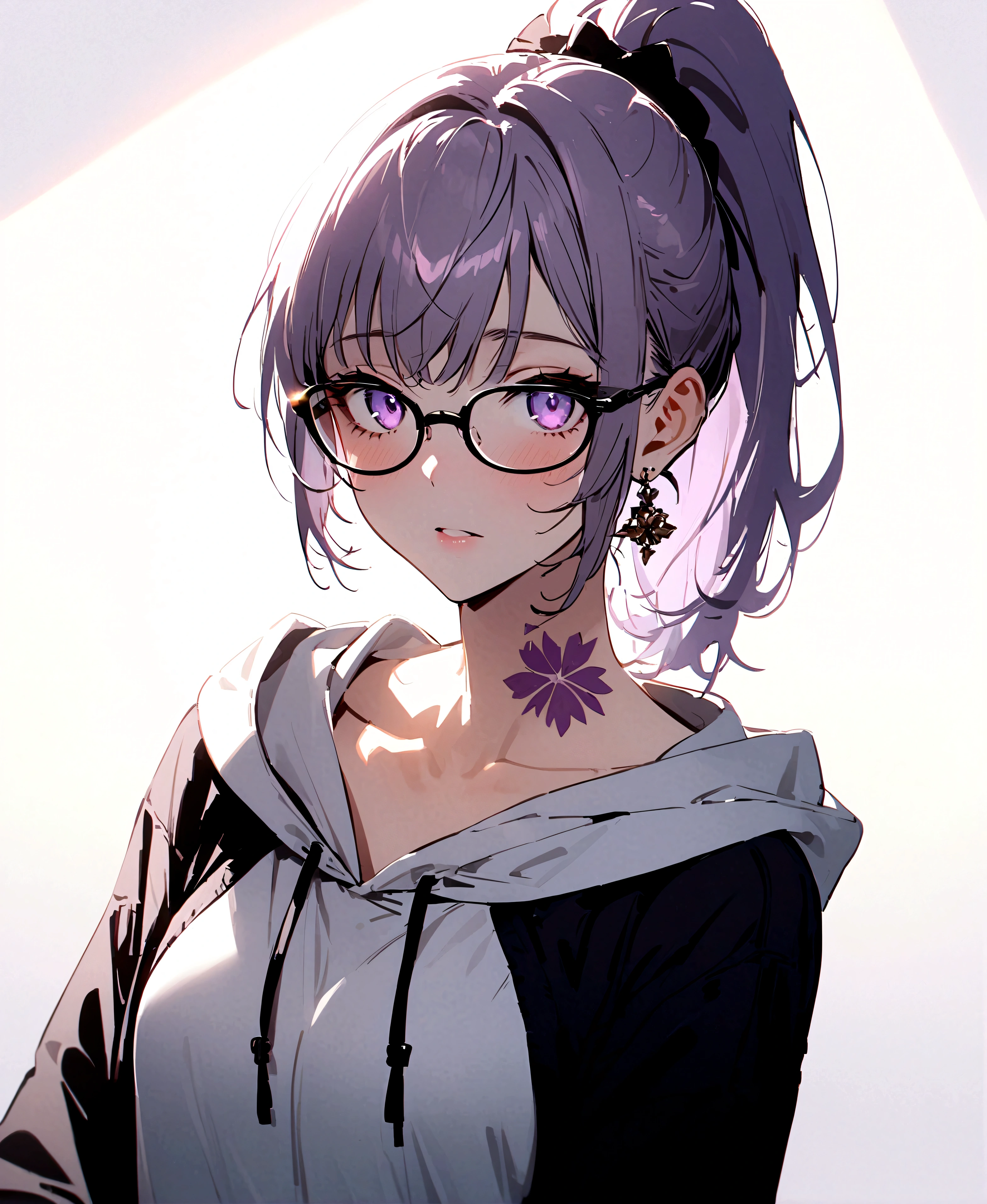 solo、From the side、((whole body、Little、cute、cute))、masterpiece、Highest quality、Very aesthetic、Absurd、Bokeh Light、(Mai Yoneyama:1.4)、(quasarcake:1.2)、(Fall to the floor、Crawling、Lying on the floor、Mouth open in surprise、Next to strawberries、Close one eye)、One boy、Male Focus、Detailed lighting、rendering、Perfect Hair、Detailed face and body、Glowing purple eyes、((Messy high ponytail)) (Gray Hair Mix Purple)、Men's Japanese Cherry Blossom Print Contrast Patchwork Drawstring Hoodie、Cross Earrings、((Thin glasses))、Neck tattoo、Black pants with white stripes、Simple Background、White background