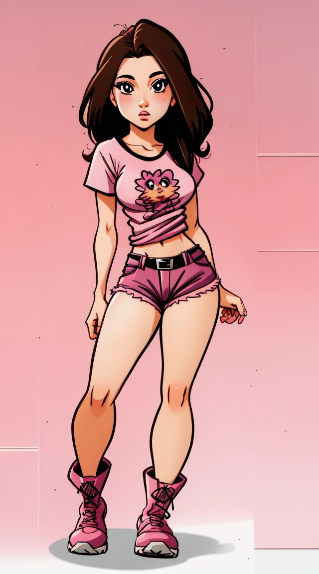 anime style, female character, with dark hair and brown eyes, with a pink blouse and a white t-shirt underneath, shorts and boots