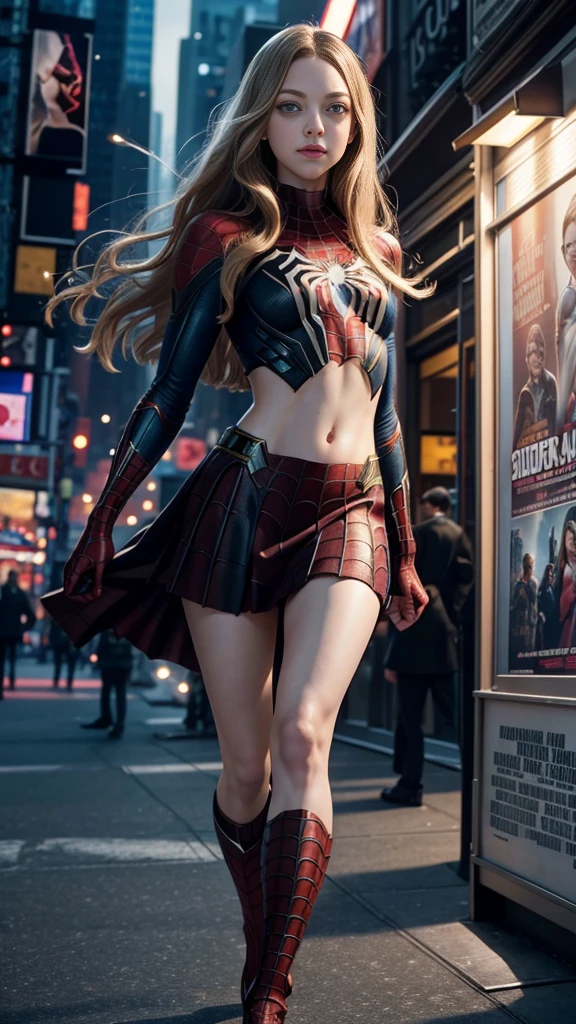 Amanda Seyfried、マーベルコミックの映画Poster、so beautiful、Movies about Spider-Man、sexy、whole body、Wearing a skirt、Premiere Date、Poster、belly buttonを突き出す、new york、She's wearing a ripped Spiderman suit、The suit is torn、Wearing a skirt、Red and black color scheme、dynamic、masterpiece、Highest quality、Super detailed、Very detailed、Delicate and beautiful shine、Ultra-high resolution、Cinematic、break、breakドロップ、(Torn clothes:1.5)、(Wet clothes:1.4)、Bare shoulders、Real Rain、Wet Hair、belly button、Exposed Skin、sexyな肩を披露
