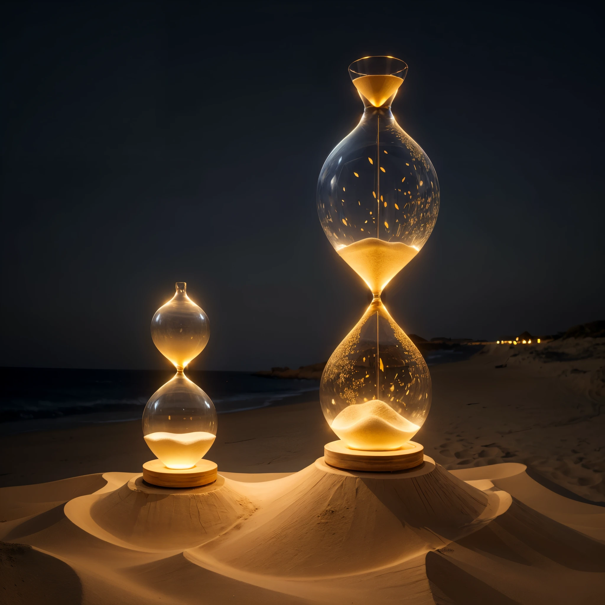 big hourglass of glowing golden sand, delicate curve and swirling grains illuminated by ethereal light, glassbody glows with luminescence, sand infused by otherworldly energi,