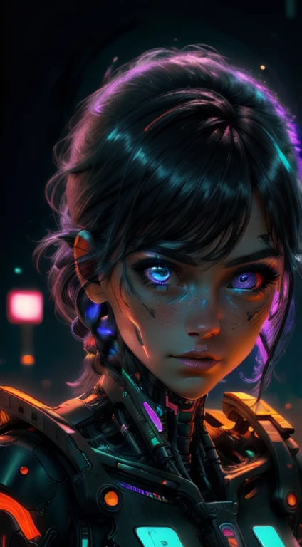 a beautiful cyberpunk woman, beautiful detailed eyes, beautiful detailed lips, extremely detailed eyes and face, long eyelashes, intricate cyberpunk outfit, advanced cybernetic implants, neon lights, futuristic cityscape background, cinematic lighting, moody color palette, dark and gritty, 8k, high quality, photorealistic, masterpiece