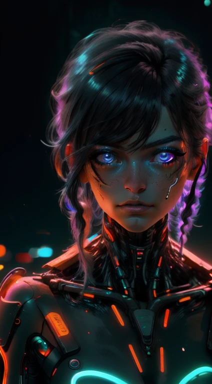 a beautiful cyberpunk woman, beautiful detailed eyes, beautiful detailed lips, extremely detailed eyes and face, long eyelashes, intricate cyberpunk outfit, advanced cybernetic implants, neon lights, futuristic cityscape background, cinematic lighting, moody color palette, dark and gritty, 8k, high quality, photorealistic, masterpiece