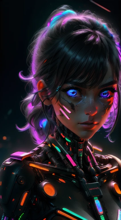 a beautiful cyberpunk woman, beautiful detailed eyes, beautiful detailed lips, extremely detailed eyes and face, long eyelashes, intricate cyberpunk outfit, advanced cybernetic implants, neon lights, futuristic cityscape background, cinematic lighting, moody color palette, dark and gritty, 8k, high quality, photorealistic, masterpiece