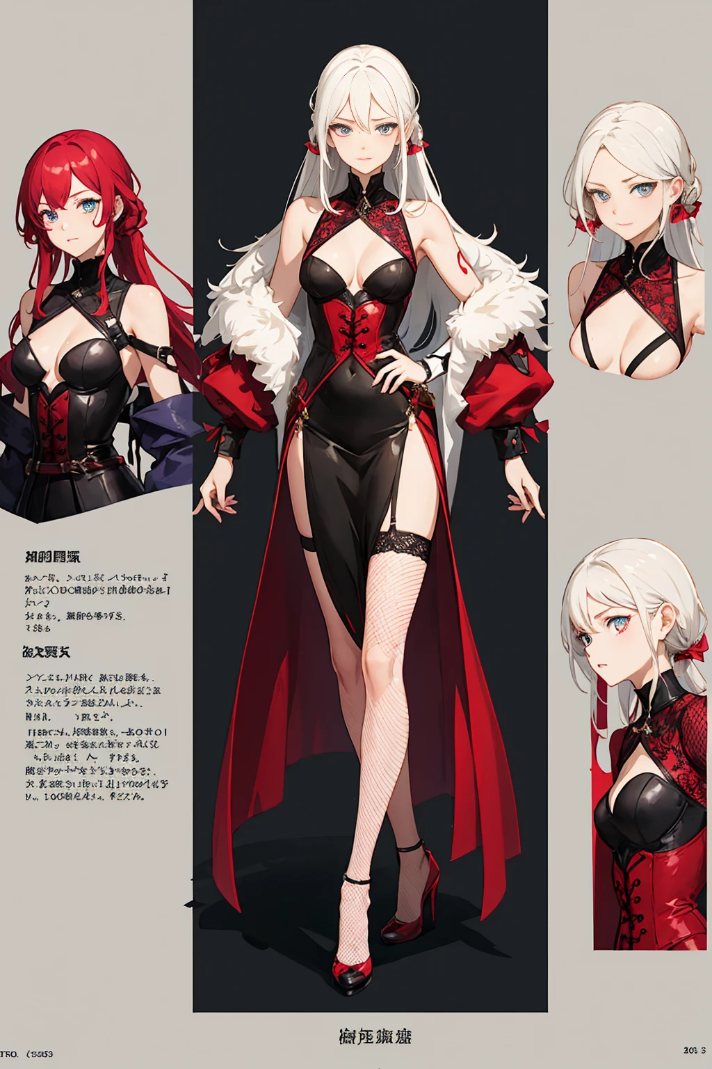 ((full body photo, standing, feet on the ground)) (masterpiece), best {1girl, teen girl, Slim Body, Thin Figure, soft makeup},{{{Full Body}}},{white Hair {Red Hair}},{Long Wavy Hair},{scarlet Eyes, detailed Eyes}, {{{Dressed in a Fantasy Red and Black lace dress with Skirt}}},{{High Fantasy Red and Black Corset Dress}},{{Combat Dress}},{{{{Skirt}}}},{{Light Armored Dress}},{{{white coat with fur details, Belts}}},{{lace stockings, Fishnets}},{{Red Stiletto High Heels, High Heels shoes}},{{High Red Stilettos}}, {Standing, Looking at Camera}, Unique creative character design,{{{Solo Girl}}}, character sheet, concept art, color,{{{{{{{White Background}}}}}}},{{Masterpiece, vivid colors,bright Colors}},{{Highly Detailed Face, Beautiful Eyes}}quality, expressive eyes, perfect face