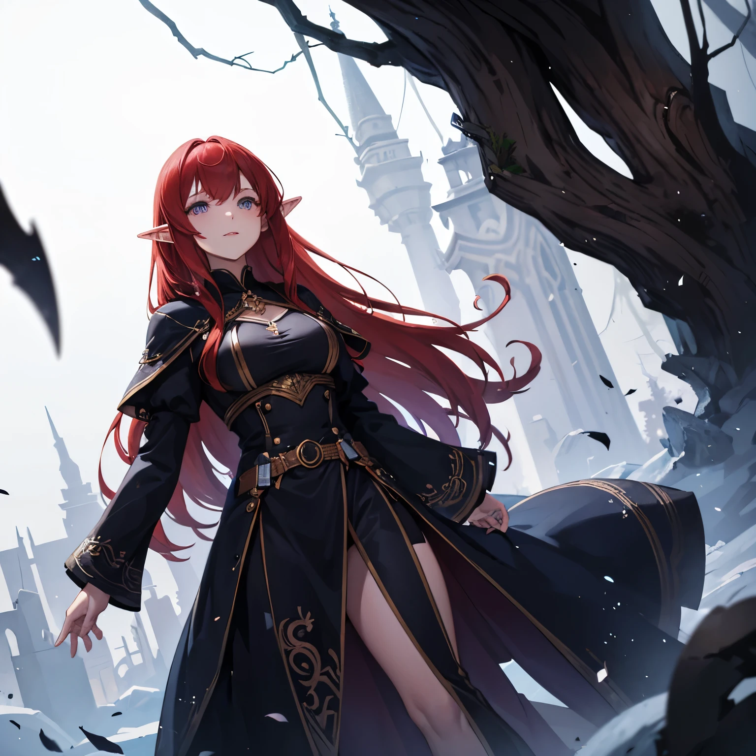 1 pretty elf, 24 year, Red hair, violet eyes, with attractive figure, evil wizard clothing
