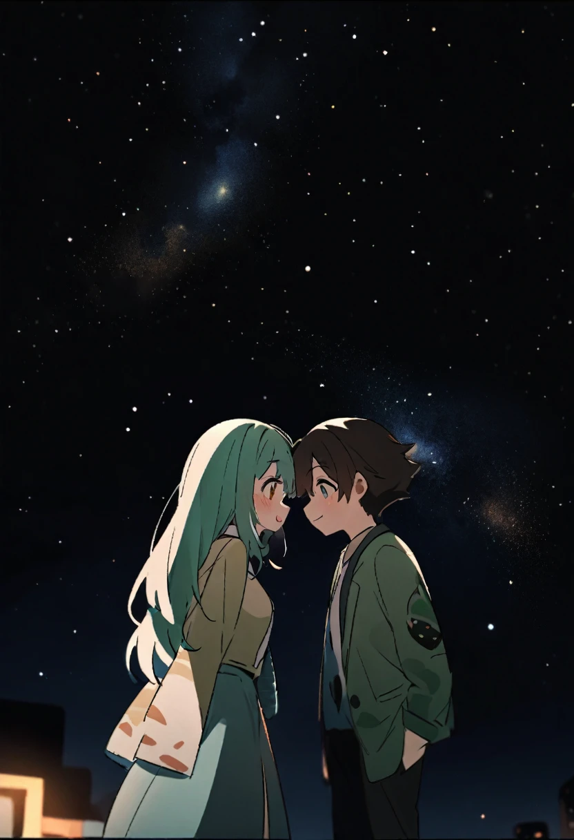 they are поцелуи in front of a galaxy ночью, поцелуи together cutely, couple поцелуи, They are in love, taken at night, Space in the background, boy and girl