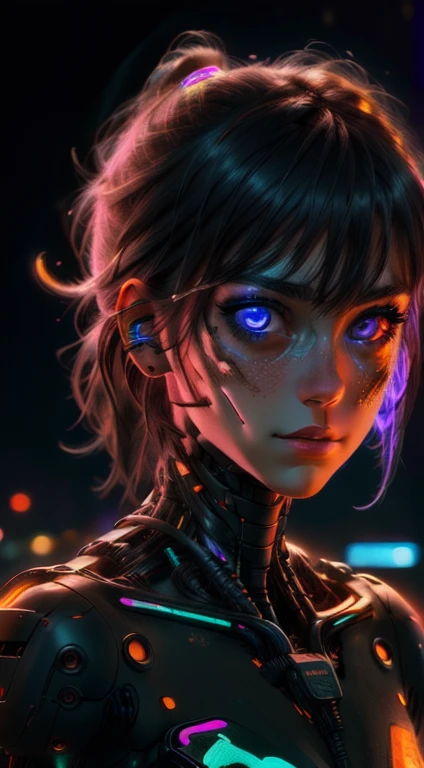 a detailed portrait of a cyberpunk girl, intricate facial features, beautiful eyes, delicate lips, cybernetic enhancements, neon-lit cityscape background, dramatic lighting, highly detailed, photorealistic, cinematic, 8k, masterpiece