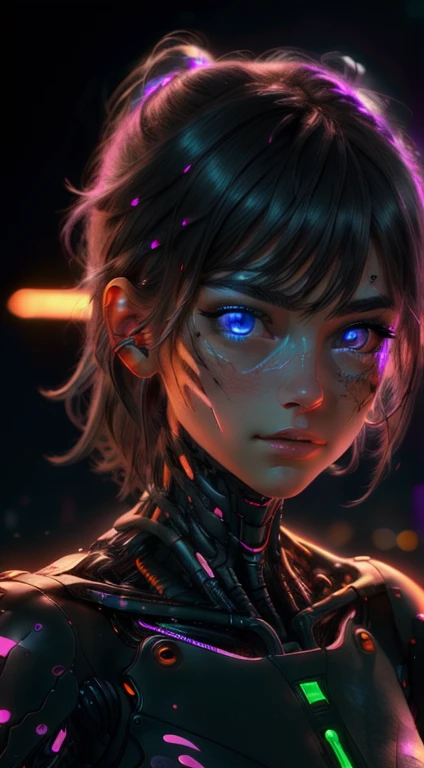 a detailed portrait of a cyberpunk girl, intricate facial features, beautiful eyes, delicate lips, cybernetic enhancements, neon-lit cityscape background, dramatic lighting, highly detailed, photorealistic, cinematic, 8k, masterpiece