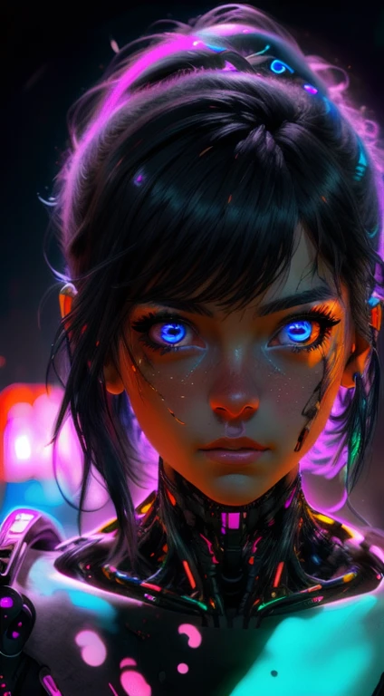 a detailed portrait of a cyberpunk girl, intricate facial features, beautiful eyes, delicate lips, cybernetic enhancements, neon-lit cityscape background, dramatic lighting, highly detailed, photorealistic, cinematic, 8k, masterpiece