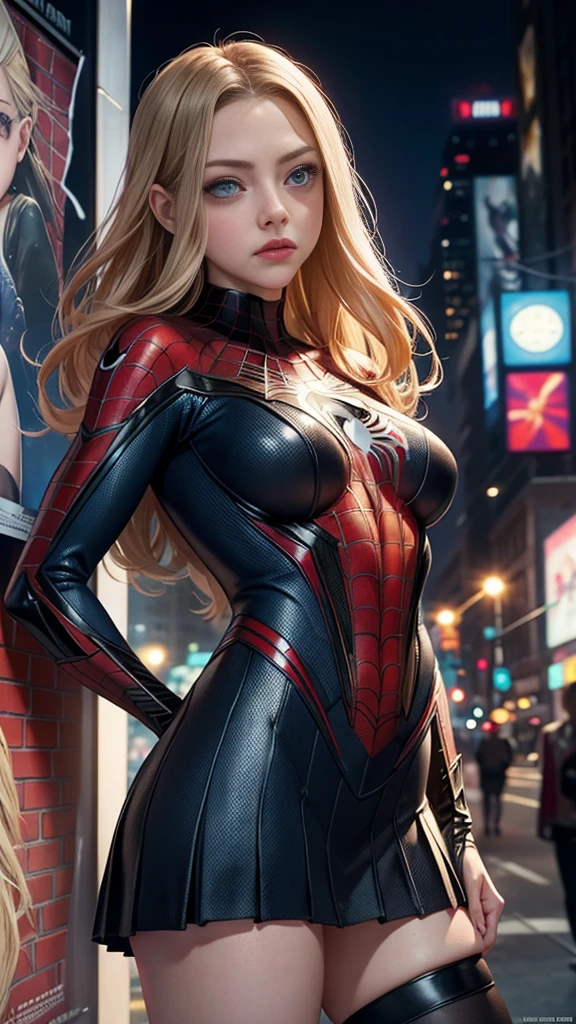 Amanda Seyfried、マーベルコミックの映画Poster、so beautiful、Movies about Spider-Man、sexy、whole body、Wearing a skirt、Premiere Date、Poster、belly buttonを突き出す、new york、She&#39;s wearing a ripped Spiderman suit、The suit is torn、Wearing a skirt、Red and black color scheme、dynamic、masterpiece、Highest quality、Super detailed、Very detailed、Delicate and beautiful shine、Ultra-high resolution、Cinematic、break、breakドロップ、(Torn clothes:1.5)、(Wet clothes:1.4)、Bare shoulders、Real Rain、Wet Hair、belly button、Exposed Skin、sexyな肩を披露