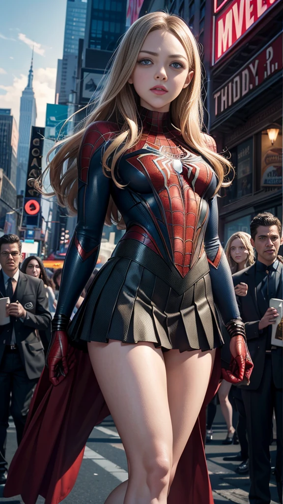 Amanda Seyfried、マーベルコミックの映画Poster、so beautiful、Movies about Spider-Man、sexy、whole body、Wearing a skirt、Premiere Date、Poster、belly buttonを突き出す、new york、She&#39;s wearing a ripped Spiderman suit、The suit is torn、Wearing a skirt、Red and black color scheme、dynamic、masterpiece、Highest quality、Super detailed、Very detailed、Delicate and beautiful shine、Ultra-high resolution、Cinematic、break、breakドロップ、(Torn clothes:1.5)、(Wet clothes:1.4)、Bare shoulders、Real Rain、Wet Hair、belly button、Exposed Skin、sexyな肩を披露