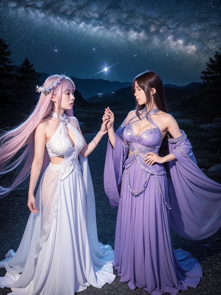 Under a star-filled sky, Orihime and Hikoboshi stand on opposite sides of the shimmering Milky Way, their eyes meeting with a sense of longing and love. The night is illuminated by a soft, ethereal glow, with delicate hues of blue and purple blending into the darkness. Surrounding them are twinkling stars, glowing mist, and mystical constellations, creating a magical and otherworldly atmosphere. Both characters are dressed in traditional celestial robes adorned with intricate patterns, adding to the enchantment of the scene."