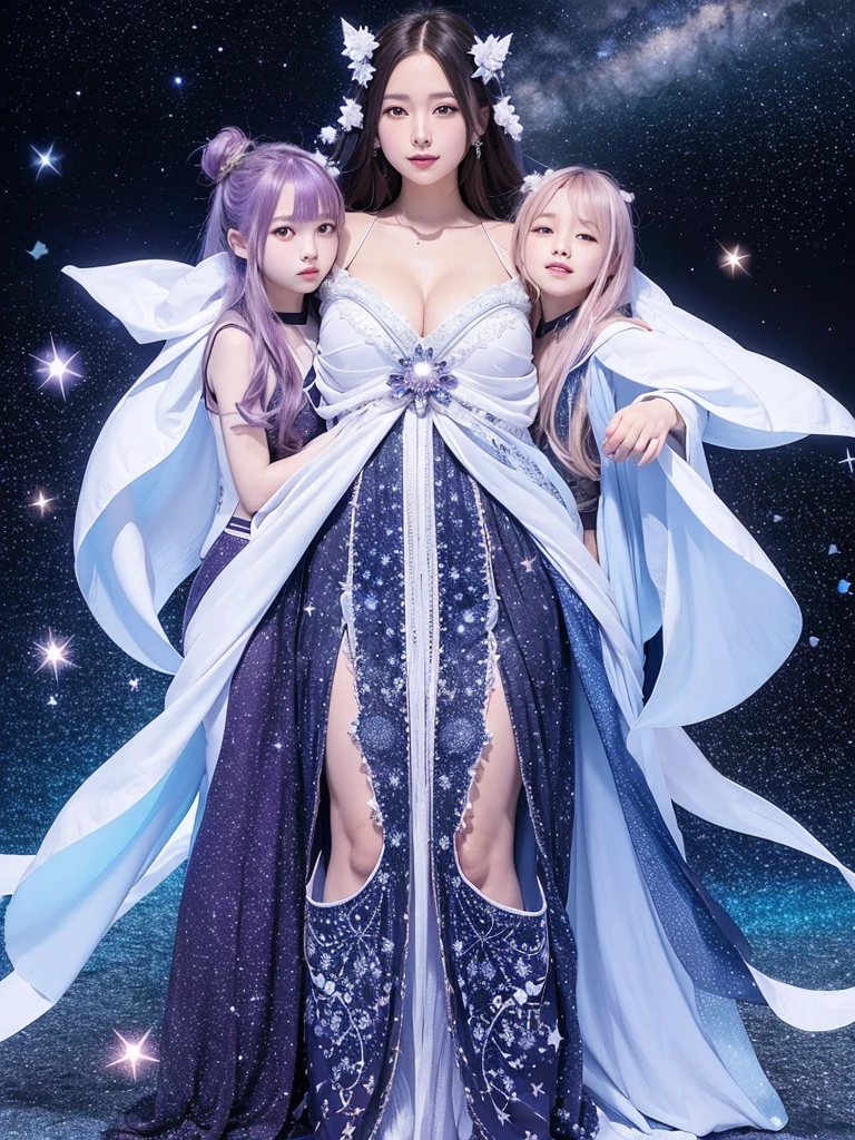 Under a star-filled sky, Orihime and Hikoboshi stand on opposite sides of the shimmering Milky Way, their eyes meeting with a sense of longing and love. The night is illuminated by a soft, ethereal glow, with delicate hues of blue and purple blending into the darkness. Surrounding them are twinkling stars, glowing mist, and mystical constellations, creating a magical and otherworldly atmosphere. Both characters are dressed in traditional celestial robes adorned with intricate patterns, adding to the enchantment of the scene."