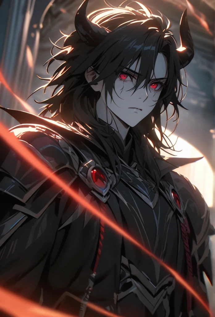 (solo), Demon lord, masculine, black hair, messy hair, mane hair, medium hair, A man bun with long hair, dense hair, wild hair, expressive hair, mature,(25 year old), pale skin, red eyes, ((man)), wearing a black robe, black armor, black demon horns,, serious, handsome, attractive, eye reflection, depth of field, thunder aura,cinematic lighting, ray tracing, depth of field, cinematic lighting, ray tracing, UHD, high details, best quality, highres, high quality, award winning, super detail, masterpiece, 8k, UHD, high details, best quality, highres, high quality, award winning, super detail, masterpiece, 8k, digital art, anime coloring, full body, body shot, good face, perfect face, detailed face, good eyes, sitting on a throne