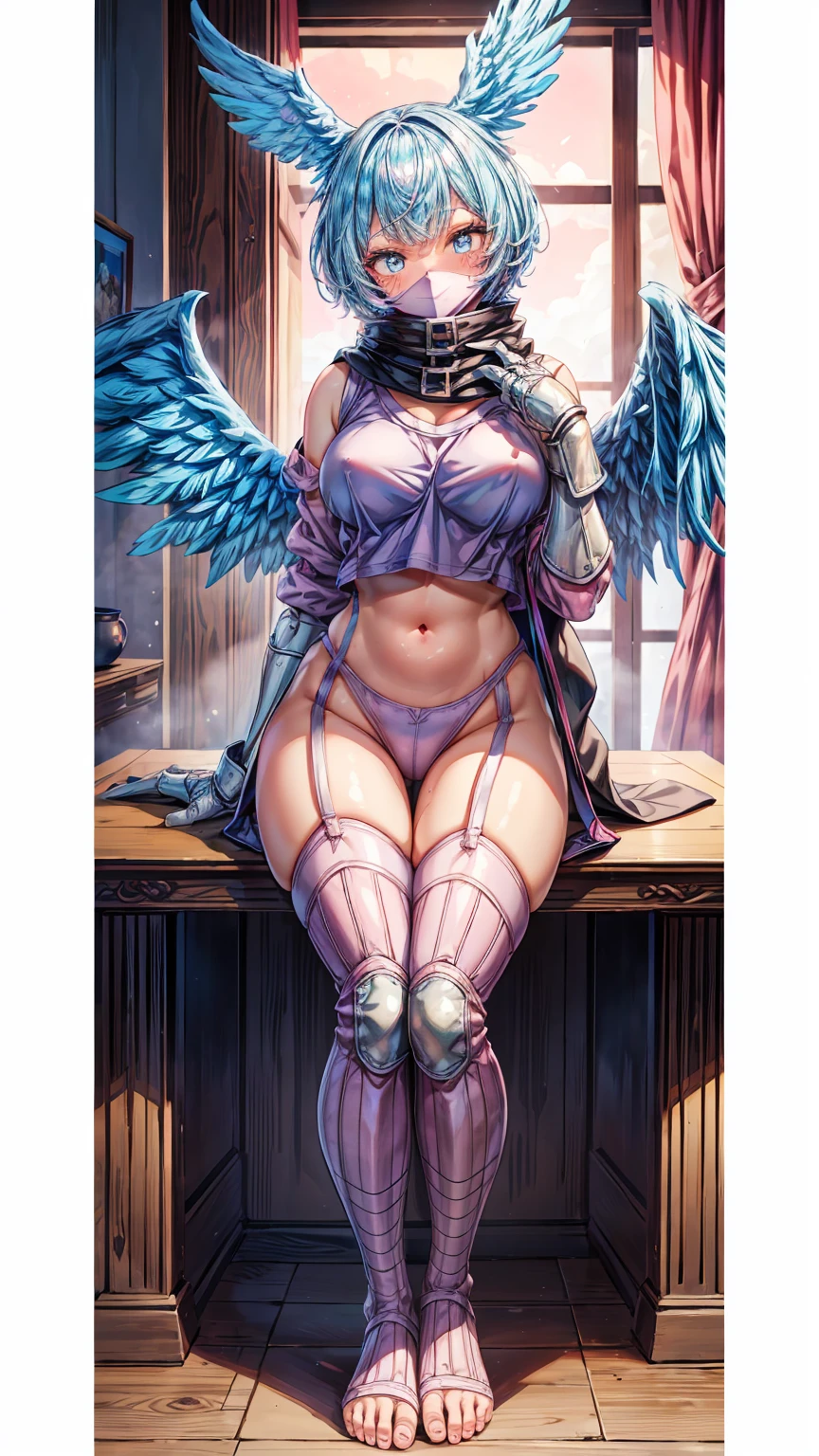 Very detailed、Highest quality、Best image quality、masterpiece、8K、(A kind smile)、(Blue Hair)、(SFW Giant:1.5) 、shutumon,blue hair,blue eyes,shy,scarf,big head wings,(mouth mask),facial mark,midriff,leash,pink paw footwear,(pink sweatshirt),(garter straps),big brown feathered wings,scarf,pink thighhighs,full body,hand of Guido Daniele