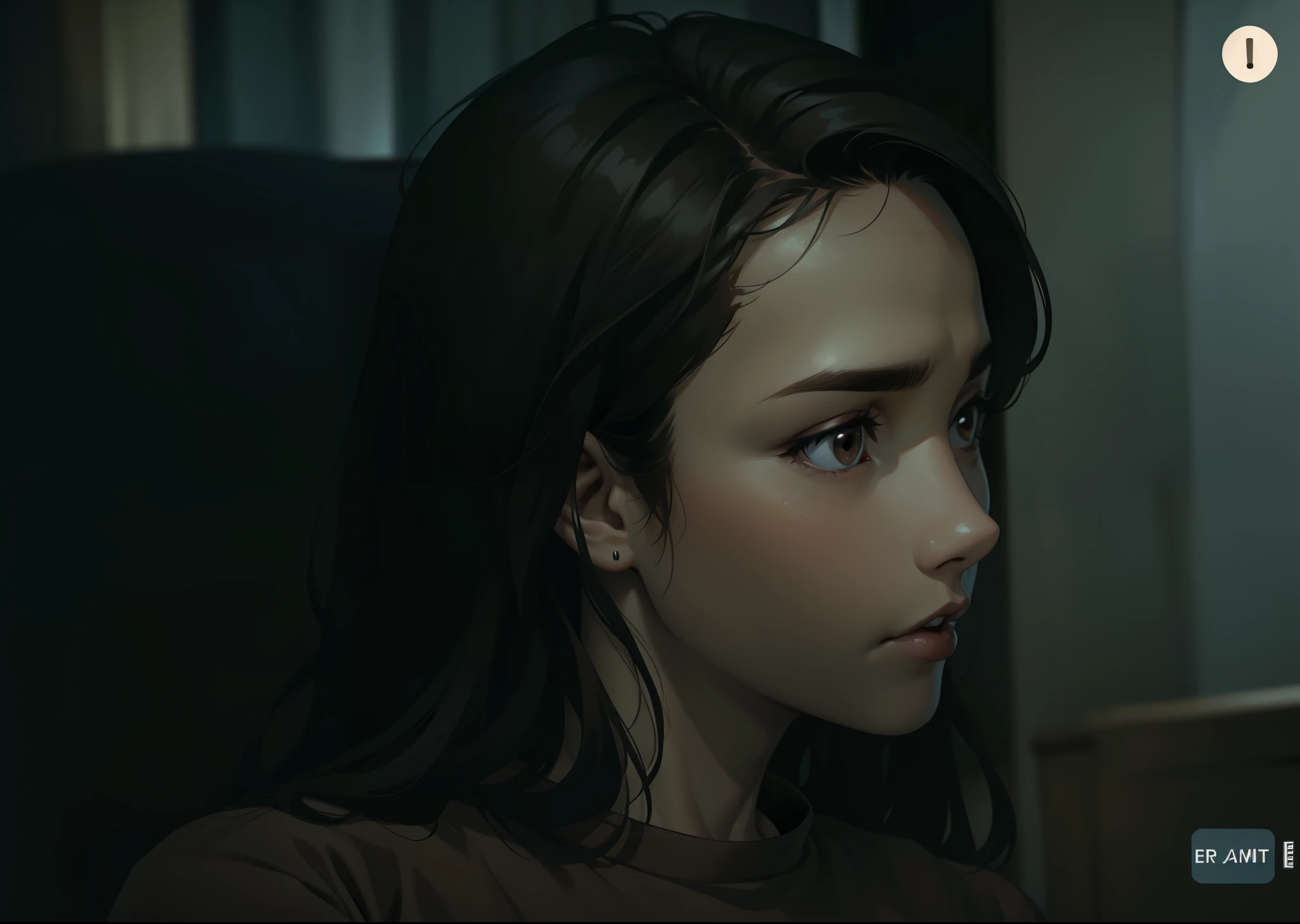 35 year old woman brown hair brown eyes brown shirt white t-shirt is speaking with some concern with some astonishment