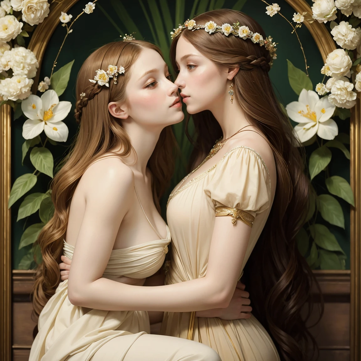 (masterpiece, best quality:1.5), oil painting by Leonardo da Vinci and Alfons Maria Mucha, perfect anatomy, two gorgeous and stunning pale-skinned young pregnant goddesses is deeply in love with each other, kiss, fantastic make-up, jewelry, flower