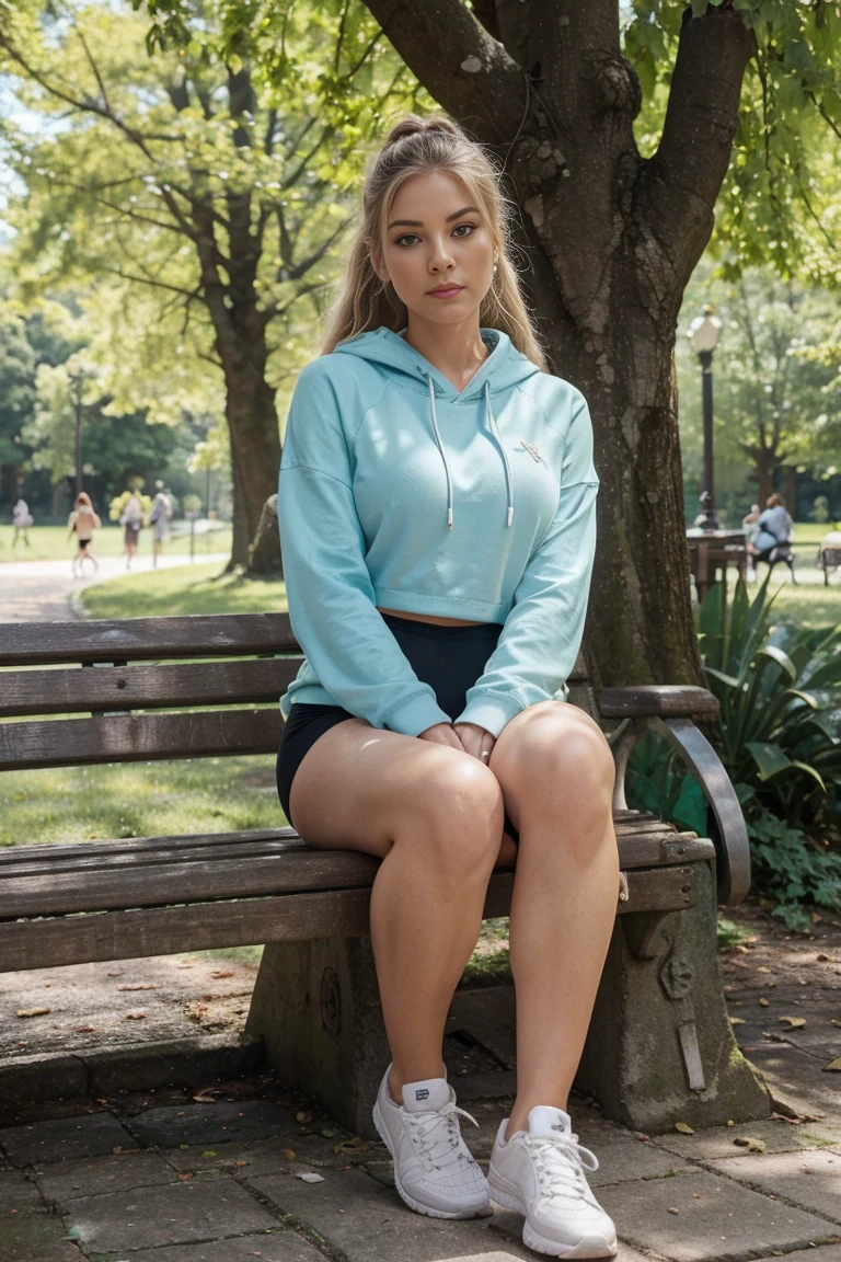 Face: A woman age 22 Flowing blonde hair. Realist light green eyes Sexy expression. A blend of contemporary allure. Golden ratio and sharp lines. Radiant and healthy. Lips are lipsticked. eyeshadow makeup. Body: Ample breasts. Full hips. Slim waist. Long and shapely legs. Outfit: She is wearing a light blue hoodie with a small anchor logo and black leggings. She has on white sneakers and a simple seashell anklet. Her hair is tied in a high ponytail, and she has a pair of earbuds in. Activity: The model is sitting on a park bench, tying her sneaker laces, getting ready for a jog. She has a water bottle next to her and is glancing at her smartwatch. Background: The background shows a lush, green park with tall trees and a winding path. There are a few joggers and cyclists in the distance, and the sun is shining through the leaves, casting dappled shadows on the ground. The park has a serene and vibrant atmosphere.