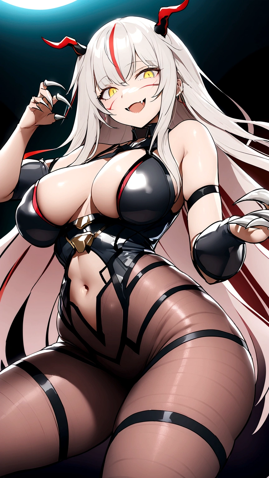 A girl, long brown hair, Heteroromia, left violet eye, Right Golden Eye, Turquoise cyberpunk top, leather jacket, skirt raised, open tummy,  Open,  big, pretentious smile, tooth, fangs, claws, high qualiy, 4K, High definition, bom detalhe