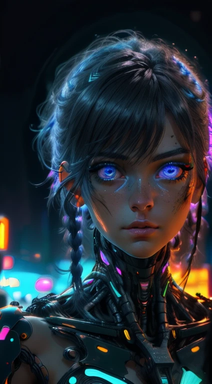 a woman cyberpunk girl, beautiful detailed eyes, beautiful detailed lips, extremely detailed face and features, long eyelashes, blue glowing cybernetic armor, neon cyberpunk city landscape background, cinematic lighting, photorealistic, 8k, masterpiece, (best quality:1.2), (realistic:1.37), hyper detailed, intricate details, dynamic pose, dramatic lighting