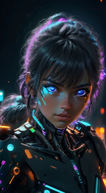 a woman cyberpunk girl, beautiful detailed eyes, beautiful detailed lips, extremely detailed face and features, long eyelashes, blue glowing cybernetic armor, neon cyberpunk city landscape background, cinematic lighting, photorealistic, 8k, masterpiece, (best quality:1.2), (realistic:1.37), hyper detailed, intricate details, dynamic pose, dramatic lighting