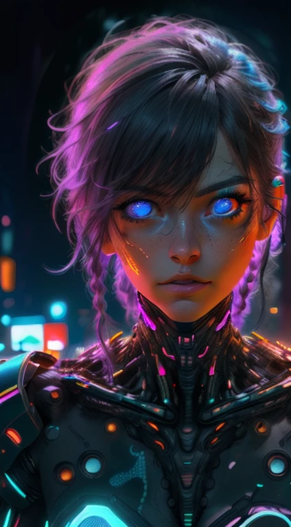 a woman cyberpunk girl, beautiful detailed eyes, beautiful detailed lips, extremely detailed face and features, long eyelashes, blue glowing cybernetic armor, neon cyberpunk city landscape background, cinematic lighting, photorealistic, 8k, masterpiece, (best quality:1.2), (realistic:1.37), hyper detailed, intricate details, dynamic pose, dramatic lighting