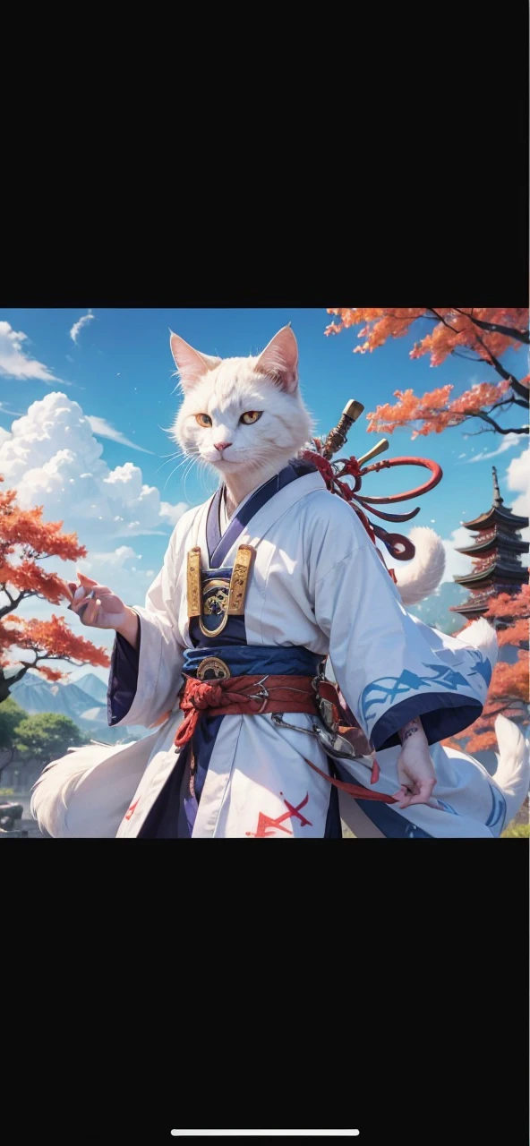 An anthropomorphic cat of (((white coat))) and has striking brown spots on his cheeks and a (((rune-shaped tatoo))) of bluish color on his left cheek. He wears a white (((Japanese kimono))) adorned with magical runes. In some parts your kimono mixes with parts of (((heavy armor))). His hands have red spots in his fingers, looking like he was put his hands in blood. He has a purple magic pouche with blue runes.