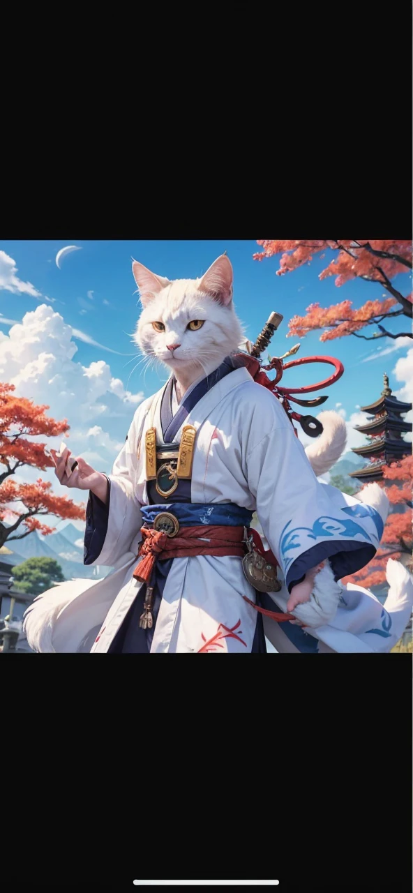 An anthropomorphic cat of (((white coat))) and has striking brown spots on his cheeks and a (((rune-shaped tatoo))) of bluish color on his left cheek. He wears a white (((Japanese kimono))) adorned with magical runes. In some parts your kimono mixes with parts of (((heavy armor))). His hands have red spots in his fingers, looking like he was put his hands in blood. He has a purple magic pouche with blue runes.