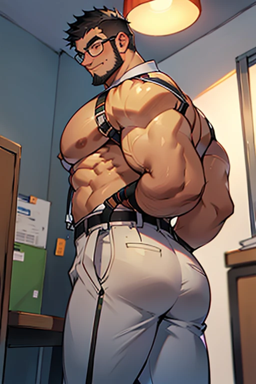 4k, masterpiece, high resolution:1.2, 1 man, solo, bara, muscular, big physique, bad boy striper , crew cut hair, facial hair, chest, wide shoulder, biceps, thighs, triceps, butt, black hair, cute smile, friendly, standing in an office, wearing formal trousers, wearing formal stripes pattern office shirt, wearing glasses, upstairs office in the background, ultra detailed, shredded muscle, flat style (((wearing harness))) (((view from the side, thick huge ass)))