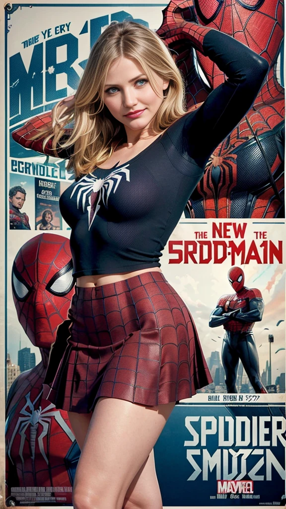 Cameron Diaz、マーベルコミックの映画Poster、so beautiful、Movies about Spider-Man、sexy、whole body、Wearing a skirt、Premiere Date、Poster、belly buttonを突き出す、new york、She's wearing a ripped Spiderman suit、The suit is torn、Wearing a skirt、Red and black color scheme、dynamic、masterpiece、Highest quality、Super detailed、Very detailed、Delicate and beautiful shine、Ultra-high resolution、Cinematic、break、breakドロップ、(Torn clothes:1.5)、(Wet clothes:1.4)、Bare shoulders、Real Rain、Wet Hair、belly button、Exposed Skin、sexyな肩を披露