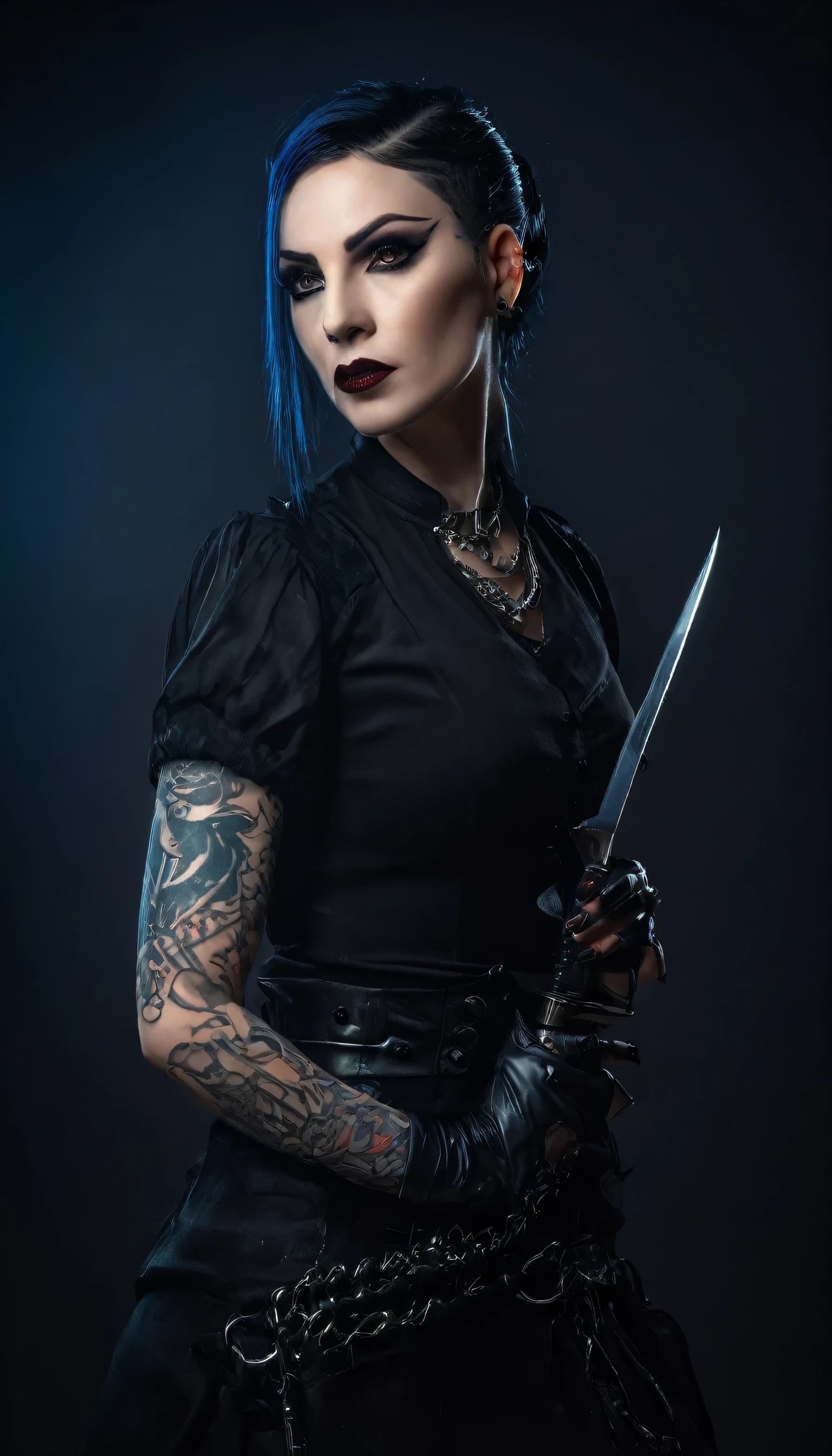 A seductive woman with a knife and a tattoo on her arm, cyberpunk dark fantasy, gothcore, gothic - cyberpunk, iron horrors, villainess, gothic horror vibes, androgynous vampire, female vampire warrior, gothic art, lilith, female vampire, dominatrix, goth aesthetics, vampire girl, badass pose, gothic fantasy art, (best quality,4k,8k,highres,masterpiece:1.2),ultra-detailed,(realistic,photorealistic,photo-realistic:1.37),highly detailed face, piercing eyes, full lips, sharp facial features, pale skin, black hair, black outfit, leather, chains, glowing eyes, dramatic lighting, moody atmosphere, rich colors, cinematic composition