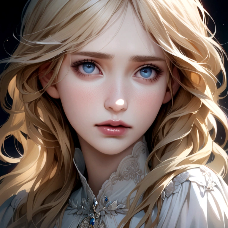 a blonde woman with blue eyes looking at the camera sad hyper realistic