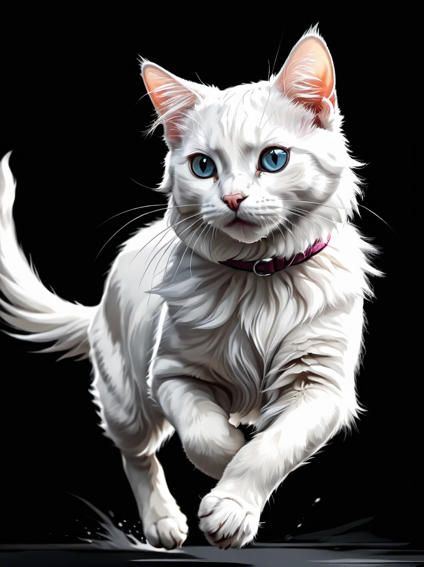 A white cat running, black background, digital anime painting style