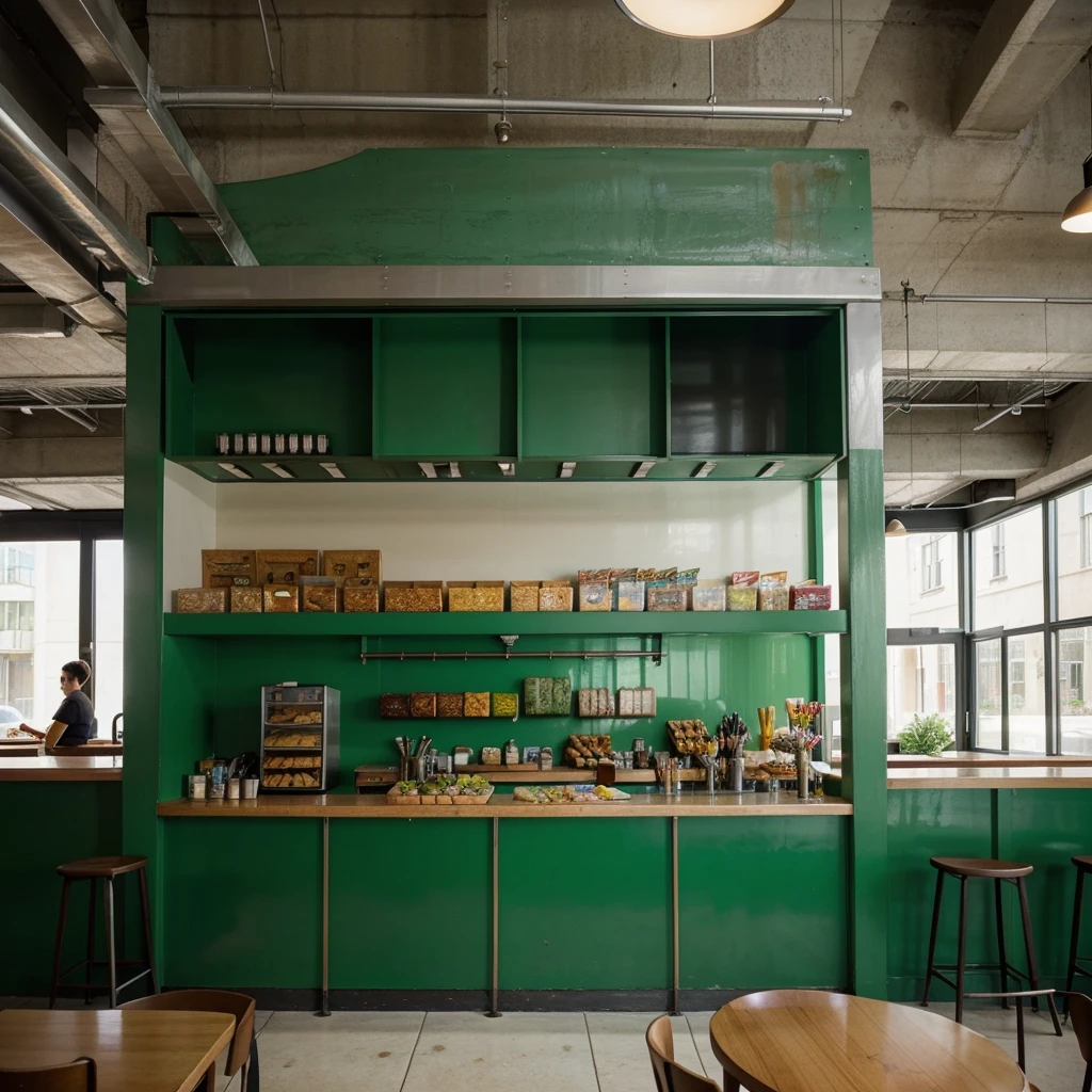 I need a picture of a very well decorated snack bar with modern architecture based on the color green.