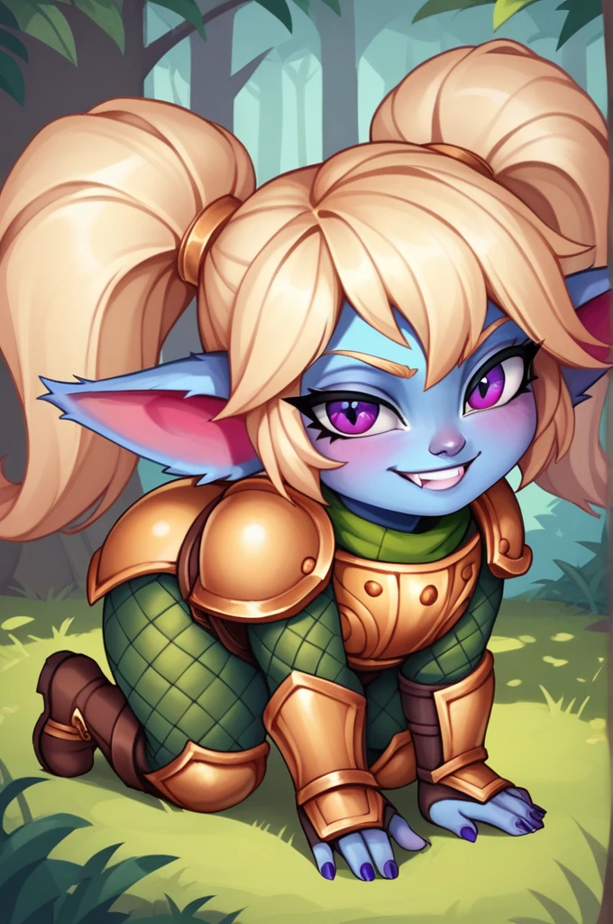 score_9, score_8_up, score_7_up, score_6_up, score_5_up, score_4_up, PoppyLoLXL, yordle, shortstack, purple eyes, blonde hair, twintails, blue skin, colored skin, golden armor,green snakeskin shirt, green snakeskin pants, brown boots, all fours, looking at viewer, seductive smile, forest, tree  Triste, humeda