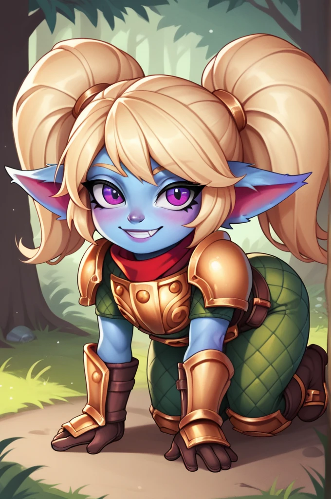 score_9, score_8_up, score_7_up, score_6_up, score_5_up, score_4_up, PoppyLoLXL, yordle, shortstack, purple eyes, blonde hair, twintails, blue skin, colored skin, golden armor,green snakeskin shirt, green snakeskin pants, brown boots, all fours, looking at viewer, seductive smile, forest, tree  Triste, humeda