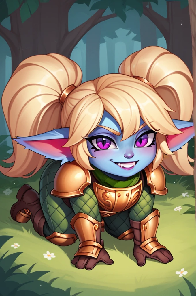 score_9, score_8_up, score_7_up, score_6_up, score_5_up, score_4_up, PoppyLoLXL, yordle, shortstack, purple eyes, blonde hair, twintails, blue skin, colored skin, golden armor,green snakeskin shirt, green snakeskin pants, brown boots, all fours, looking at viewer, seductive smile, forest, tree  Triste, humeda