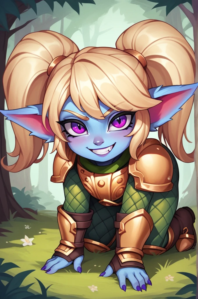 amapolalolxl, yordle, small pile, purple eyes, by rubio, two tails, blue skin, colored skin, Golden armor,green snakeskin shirt, green snakeskin pants, coffee boots, standing, looking at the viewer, Alone, forest, tree spread pussy, bottomless, nude, back, short, sexy, legs open, masturbating, Chibi, sexy figure, big breasts, Vaginal prolapse, exaggerated prolapse, intestine coming out of the anus, long intestine , Ahegao, Uterus, ovaries, crouched 