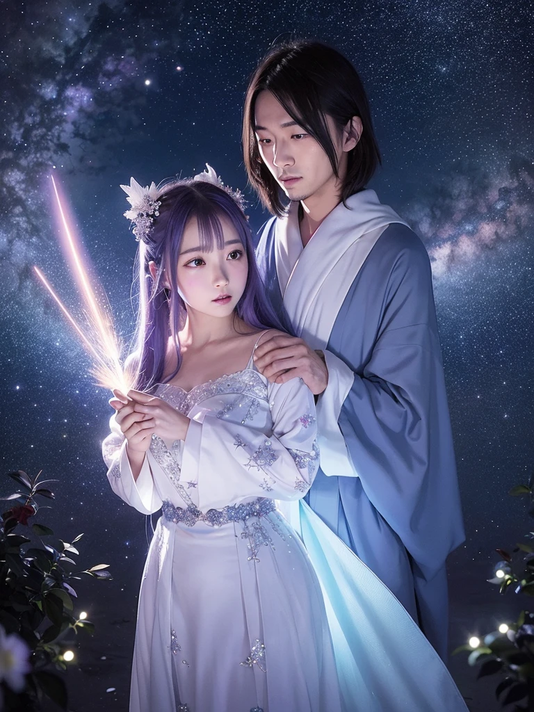Under a star-filled sky, Orihime and Hikoboshi stand on opposite sides of the shimmering Milky Way, their eyes meeting with a sense of longing and love. The night is illuminated by a soft, ethereal glow, with delicate hues of blue and purple blending into the darkness. Surrounding them are twinkling stars, glowing mist, and mystical constellations, creating a magical and otherworldly atmosphere. Both characters are dressed in traditional celestial robes adorned with intricate patterns, adding to the enchantment of the scene."