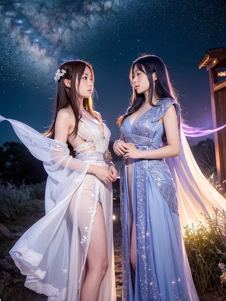 Under a star-filled sky, Orihime and Hikoboshi stand on opposite sides of the shimmering Milky Way, their eyes meeting with a sense of longing and love. The night is illuminated by a soft, ethereal glow, with delicate hues of blue and purple blending into the darkness. Surrounding them are twinkling stars, glowing mist, and mystical constellations, creating a magical and otherworldly atmosphere. Both characters are dressed in traditional celestial robes adorned with intricate patterns, adding to the enchantment of the scene."