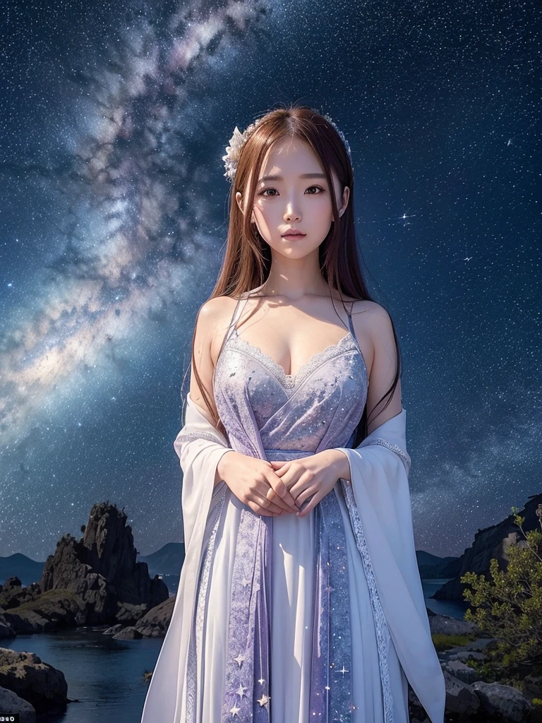 Under a star-filled sky, Orihime and Hikoboshi stand on opposite sides of the shimmering Milky Way, their eyes meeting with a sense of longing and love. The night is illuminated by a soft, ethereal glow, with delicate hues of blue and purple blending into the darkness. Surrounding them are twinkling stars, glowing mist, and mystical constellations, creating a magical and otherworldly atmosphere. Both characters are dressed in traditional celestial robes adorned with intricate patterns, adding to the enchantment of the scene."