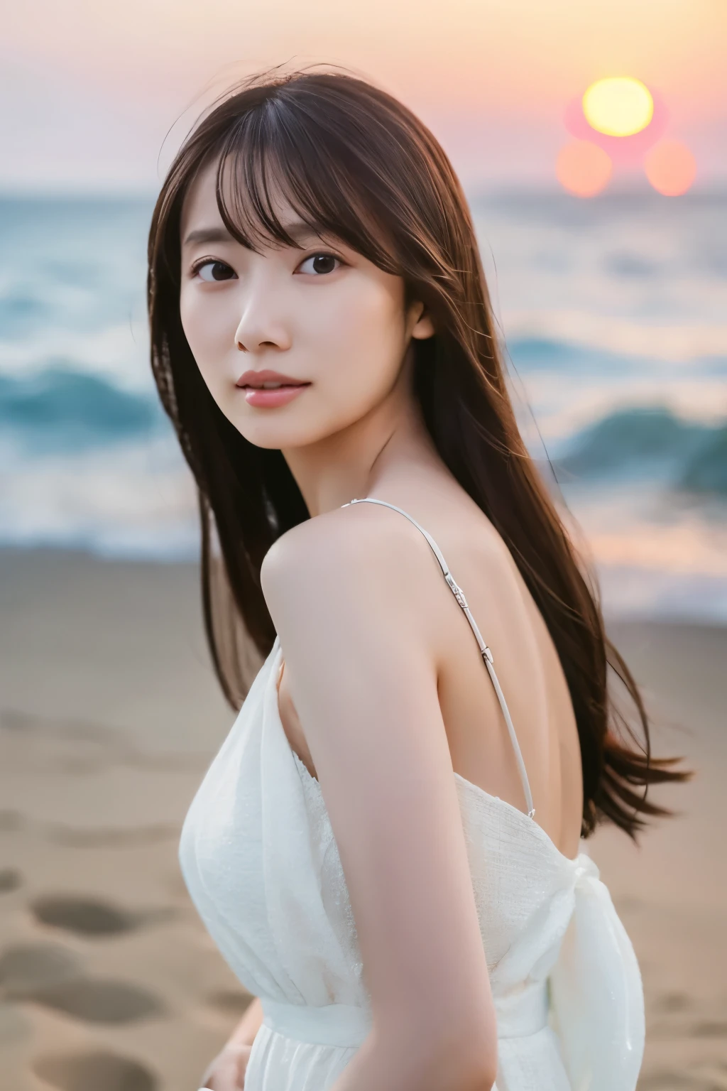 Create a high-quality, hyper-realistic portrait of a very beautiful Japanese idol. She is wearing a clean white summer dress and is squatting on the beach during sunset at sea. The deep indigo of the night sky contrasts with the last vestiges of crimson near the horizon, with swaying waves in the background. The girl has semi-long hair and a slender body with small breasts. The photo should capture her with detailed eyes, a detailed face, and a beautiful, sophisticated nose. The image should have a realistic, delicate, and finely detailed quality, suitable for a fashion magazine cover. Use cinema lighting and soft light to enhance her features. Ensure the photo is of the highest quality, with a resolution of 8K, making it perfect for a 2K wallpaper.