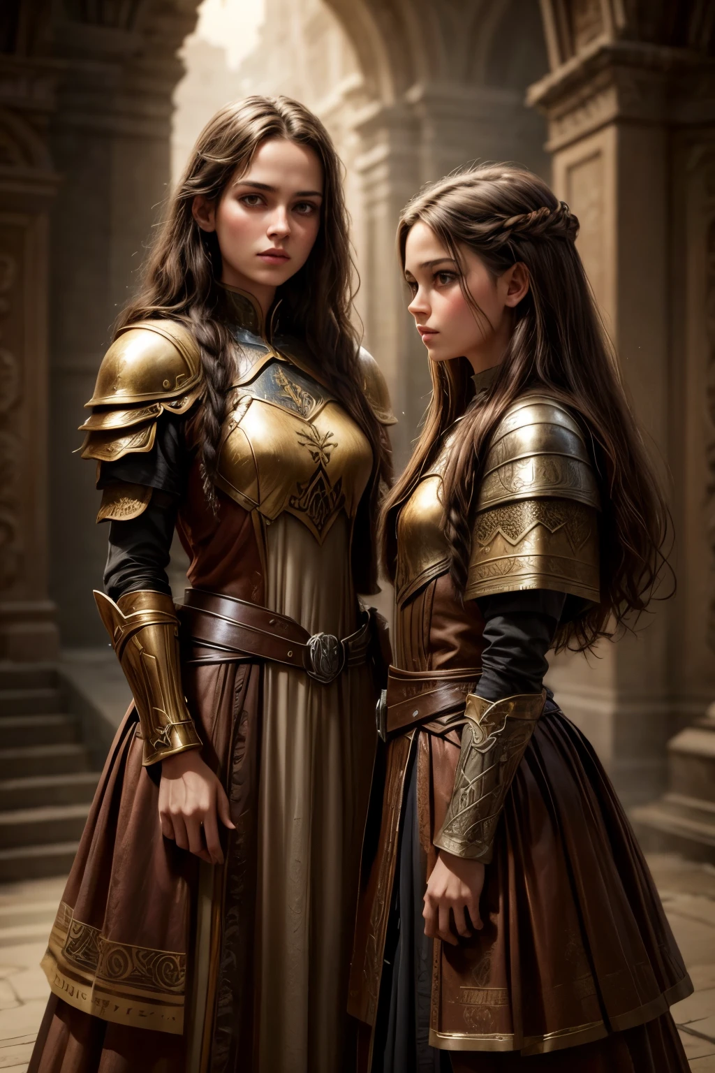  two sisters 15 years old and 13 years old, highly detailed, vibrant colors, dramatic lighting, fantasy art style, digital painting, cinematic composition, epic scale, masterpiece, award winning, warrior dress, 8k, photorealistic
